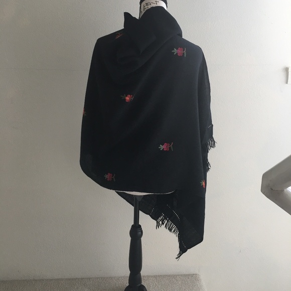 Black Wool Crepe Shawl in Colorful Embroidery - Picture 3 of 6